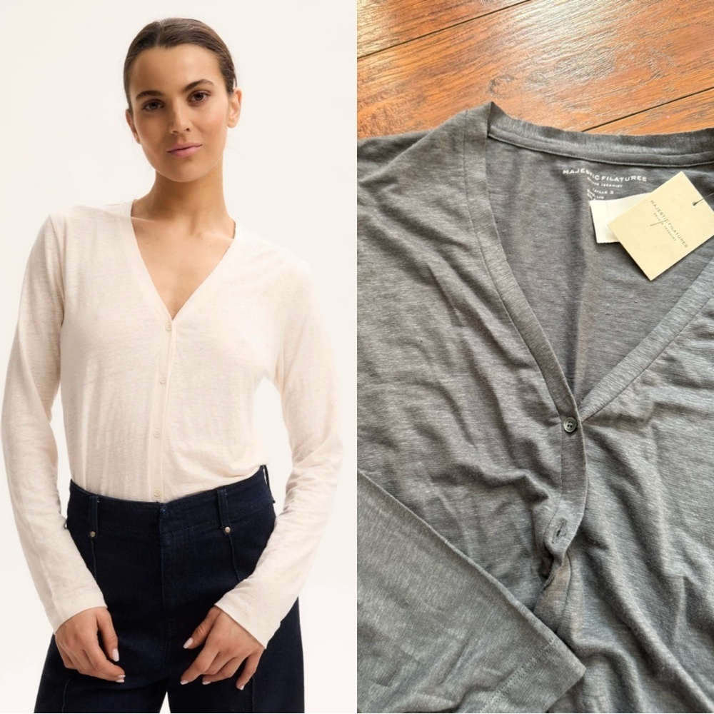 NWT Majestic Filatures Women's Long Sleeve V-Neck Top Cardigan Gray | Size M